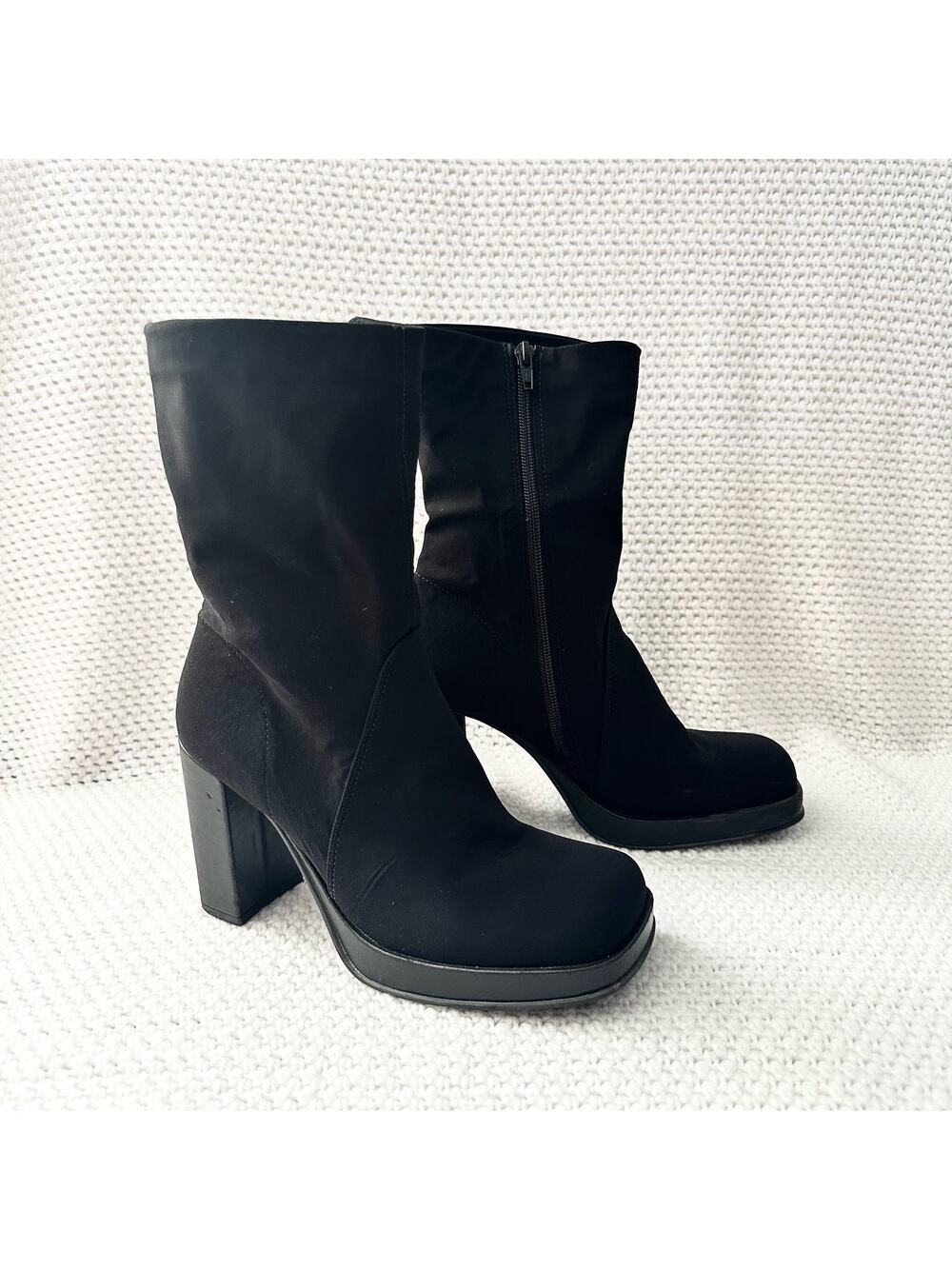 Mia Vintage Black Nylon Stretch Square Toe Platform 90s Y2K Mid Calf Boots 9